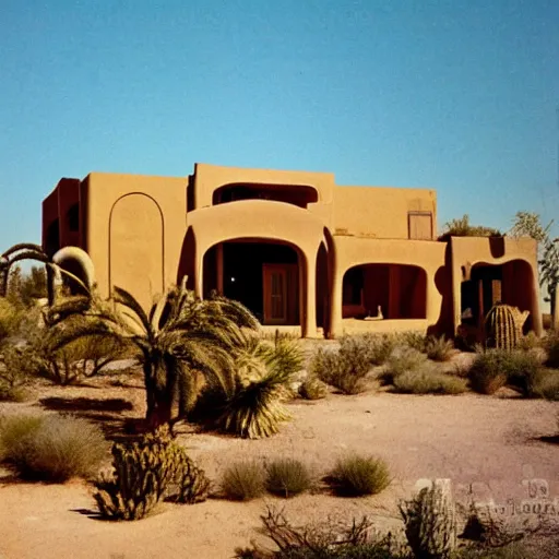 Prompt: a desert villa in 1 9 7 4 color