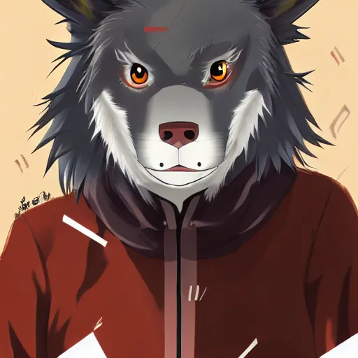 Image similar to key anime visual portrait of an anthropomorphic anthro wolf fursona, in a jacket, with handsome eyes, official modern anime art