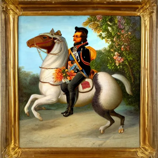 Image similar to a giant squirrel carrying napoleon bonaparte on its back, beach scene with flowers and foliage, detailed oil painting