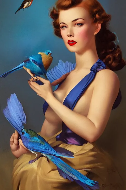 Image similar to hyper realistic painting, tasteful pinup girl holding an indigo bunting, bird, the bird is wearing a bowtie, by greg rutkowski, rossdraws, gil elvgren, enoch bolles, anime, porcelain skin, very coherent