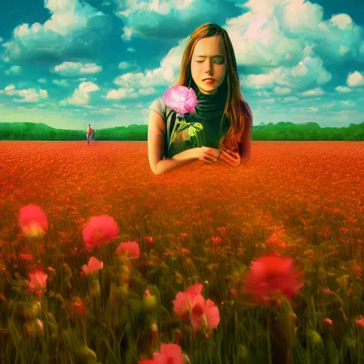 Prompt: woman with a flower face standing in flower field, surreal photography, photo manipulation, sunrise, impressionism, colorful clouds, artstation, simon stalenhag