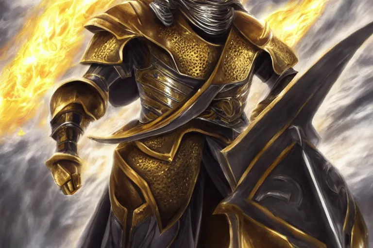 Prompt: an ultra detailed portrait of saladin as a paladin shonen anime protagonist charging into battle wearing bright gold armor and huge flaming longsword blessed by god, epic anime fantasy, 8 k, volumetric lighting, smooth, highly detailed, digital illustration, art by kentaro miura and akira toriyama and artgerm