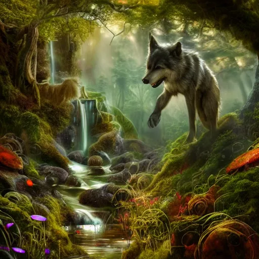 Prompt: tom bagshaw, wolf, mythical cosmic shrine, soft painting render curiosities carnival pond river vegetation rocks bugs wildlife mushrooms covered moss bioluminescent wisps, beautiful stunning waterfall, accurate features, focus, very intricate ultrafine details, random volumetric lighting, fog, award winning masterpiece, octane render 8 k hd, artstation