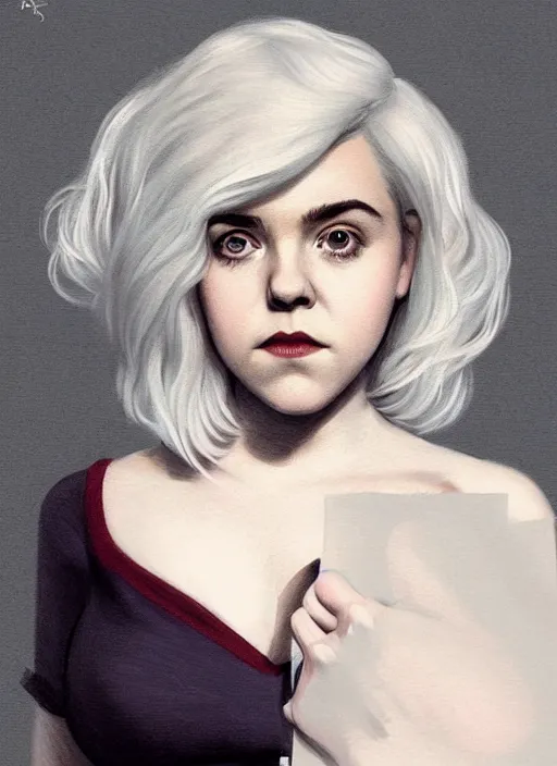 Image similar to full body portrait, kiernan shipka as sabrina spellman, white hair, obese, bangs, sultry, realistic, sultry smirk, fluffy bangs, curly bangs, fat, belly, intricate, elegant, highly detailed, digital painting, artstation, concept art, smooth, sharp focus, illustration, art by wlop, mars ravelo and greg rutkowski