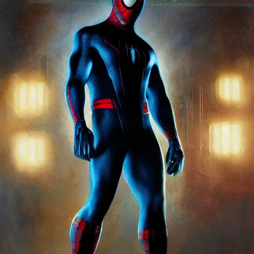 Image similar to ryan reynolds as spider - man, wearing a black and blue suit, cinematic, volumetric lighting, f 8 aperture, cinematic eastman 5 3 8 4 film, photorealistic by greg rutkowski, by stanley artgerm, by alphonse mucha