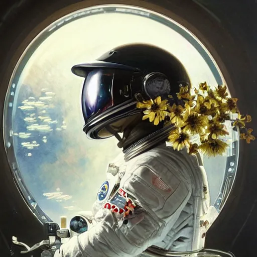 Prompt: a close up painting of an astronaut floating in space. his helmet visor is dark and reflective. you can see the reflection of flowers in his helmet visor. by artgerm and greg rutkowski and alphonse mucha