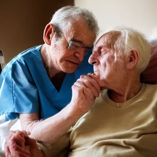 Prompt: man suffering from dementia in a nursing home, struggling to remember his loved ones
