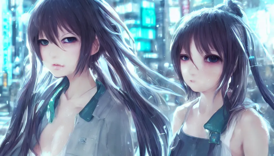 Image similar to cute anime girl in a cyberpunk city by wlop, detailed eyes, heterochromia, closeup, short minidress, light clothing, light rain, hyper real, detailed digital art, hatsune miku, photorealistic