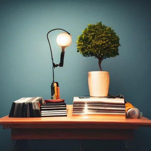 Image similar to headphones and a tree and a lamp and a record and a curtain and a bottle and a cable