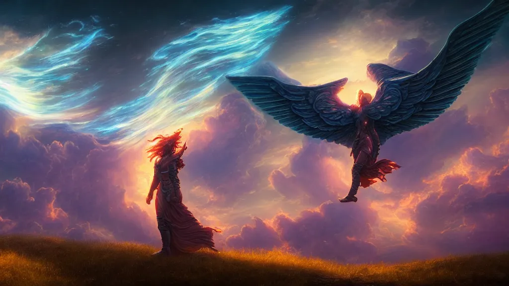 Prompt: Cloudscape by Adam Paquette, nebula gasses in the background by Gene Raz Von Edler, big fantasy warrior with angel wings by Donato Giancola, Rendered in Octane, cinematic, Highly Detailed