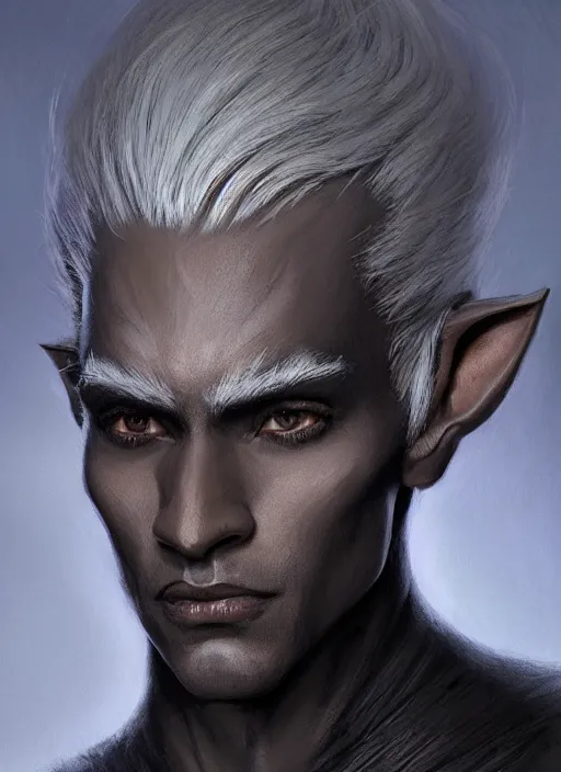 Image similar to a portrait of a drow elf male, long length slick white hair, dark charcoal skin, relaxed eyebrows, handsome, smooth skin, young adult in with late twenties, raised eyebrows, pointed chin, charcoal color skin, style by donato giancola, wayne reynolds, jeff easley dramatic light, high detail, cinematic lighting, artstation, dungeons and dragons