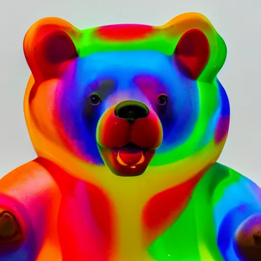 Image similar to high quality photo of a giant gummi bear made in rainbow colors in front of a white background