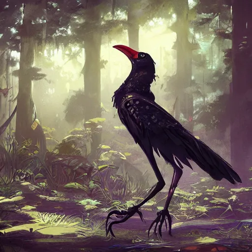 Image similar to concept art painting of an anthropomorphic crow person with steampunk clothes, in the deep forest, realistic, detailed, cel shaded, in the style of makoto shinkai and greg rutkowski and james gurney