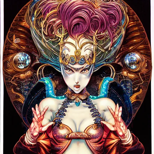 Image similar to portrait closeup of crazy genie, symmetrical, by yoichi hatakenaka, masamune shirow, josan gonzales and dan mumford, ayami kojima, takato yamamoto, barclay shaw, karol bak, yukito kishiro