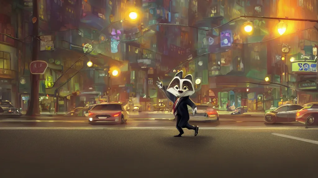 Image similar to A cute anthropomorphic raccoon businessman is walking down a busy crosswalk at in the rain at night, warm lighting with an orange glow blanketing the cityscape from the city lights, zootopia, other anthropomorphic characters are walking by him, extremely detailed, HDR, sideview, solemn and moody, many cars and animal people in the background, detailed face and eyes, large eyes with visible pupils, the road is wet with many rain puddles, reflections from the water on the ground, he is carrying a black briefcase