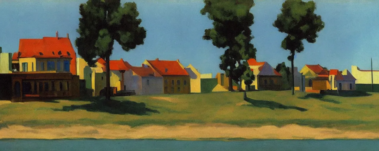Prompt: an edward hopper style painting of ( ( ( ( ( ( ( ( balatonfured, a resort town in veszprem county, in hungary ) ) ) ) ) ) ) ), early - summer, june of 1 9 4 8