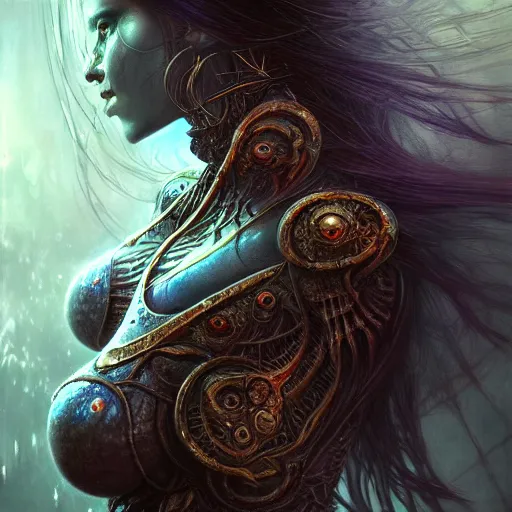 Image similar to a highly detailed long shot photo of chthonic warcraft female character by ayami kojima, beksinski, giger, intricate, digital painting, artstation, intricate, concept art, smooth, sharp focus, illustration