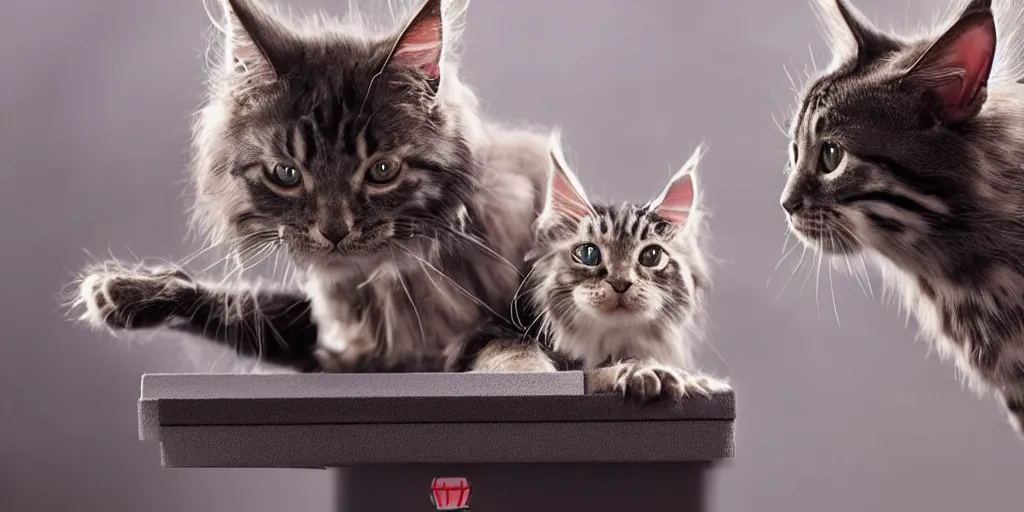 Image similar to a 3 d rendered movie still a of mainecoon robot kitten has become a cat scanning device. cyberpunk cat tree. science fiction blockbuster movie from the future, imax 7 0 mm. style of mandalorian ( american space western television series )