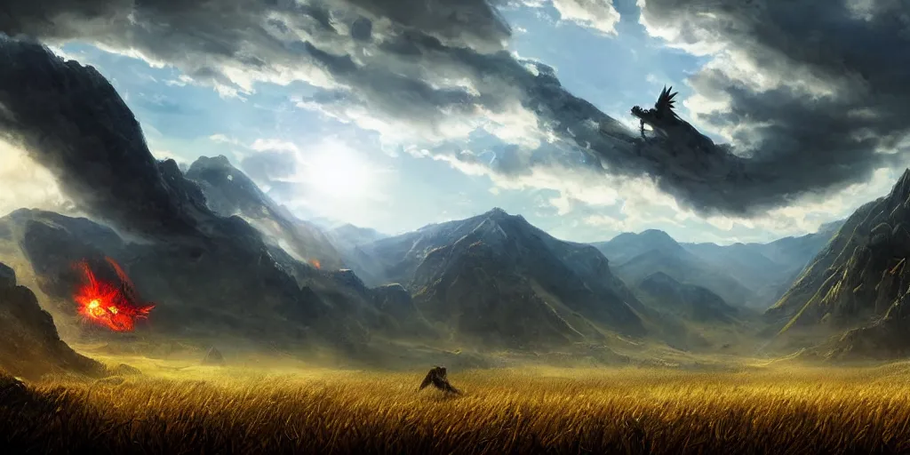 Image similar to a cinematic landscape view looking at an open field with a dragon flying above breathing fire onto the field, mountains in the distance, the sun shines through the parted clouds, digital painting, fantasy, art by alexandre mahboubi and christophe oliver