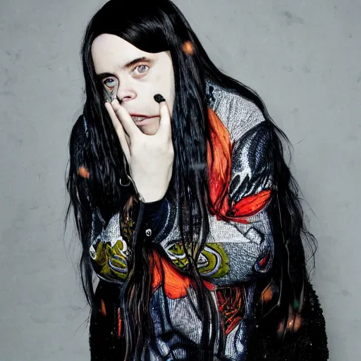 Prompt: billie eilish with elephant's trunk in her face