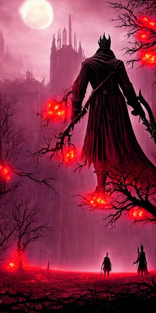 Image similar to abandoned bloodborne old valley with a obscure person at the centre and a ruined gothic city in the background, trees and stars in the background, falling red petals, epic red - orange moonlight, perfect lightning, wallpaper illustration by niko delort and kentaro miura, 4 k, ultra realistic