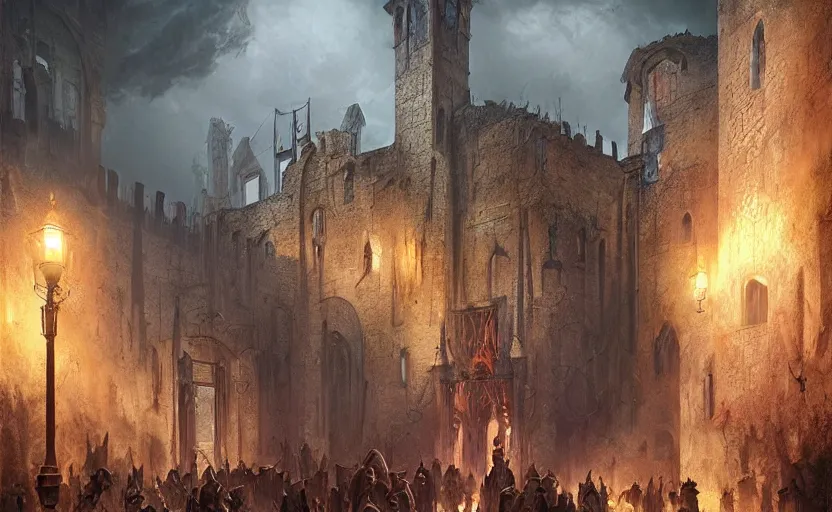 Prompt: a demonic magical ethereal portal!!! to hell. opening in a small medieval mediterranean town. dark matte painting by marc simonetti