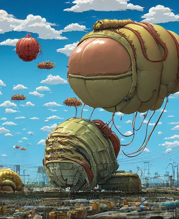 Image similar to inflated industrial plant made from obese isopod lobster octopus, in the style of puffy spaceship, giant botany, partly cloudy, spooky, dramatic lighting, by geof darrow, bill sienkiewicz, dan mumford, yusuke murata, makoto shinkai, ross tran, cinematic, unreal engine, cel shaded, featured on artstation, pixiv