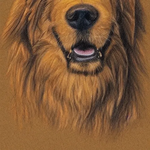 Prompt: finished 1 0 0 0 years old cave man drawing of a golden retriever, crayons. high details, photorealistic, artstation trending