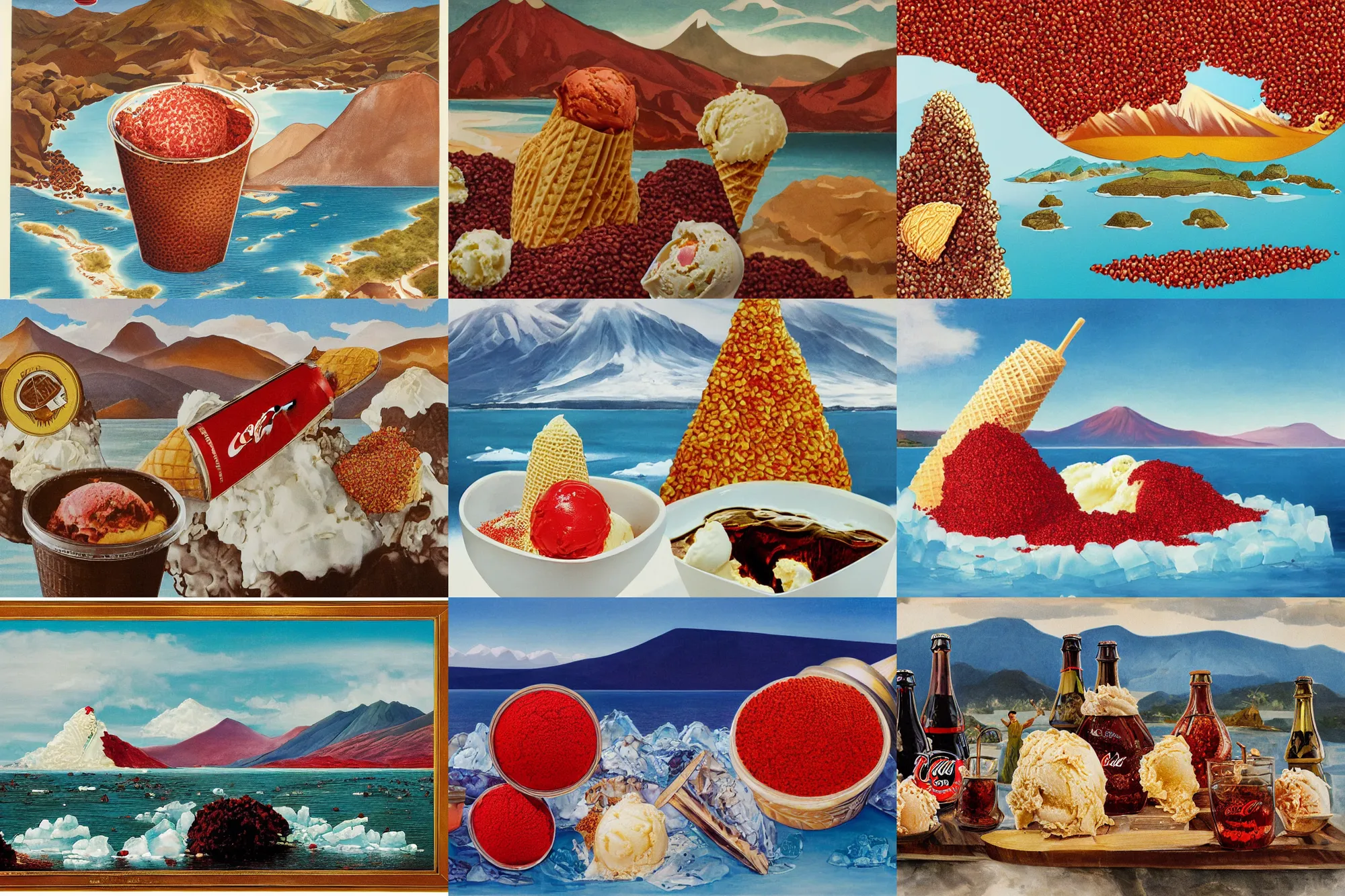 Prompt: a large island of red caviar and ice cream in the center of which there are mountains with ice cream ( five scoops ice cream cone original oil by suekill ), instead water brown coca cola ( cold brew coffee ), big island, by hans thoma