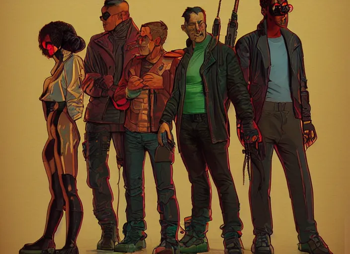 Image similar to cyberpunk heist crew. portrait by stonehouse and mœbius and will eisner and gil elvgren and pixar. character design. realistic proportions. dystopian. cyberpunk 2 0 7 7, apex, blade runner 2 0 4 9 concept art. cel shading. attractive face. thick lines.