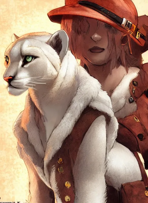 Image similar to character portrait of a anthro! albino mountain lion wearing miner's clothes. hidari, color page, tankoban, 4K, tone mapping, Akihiko Yoshida.