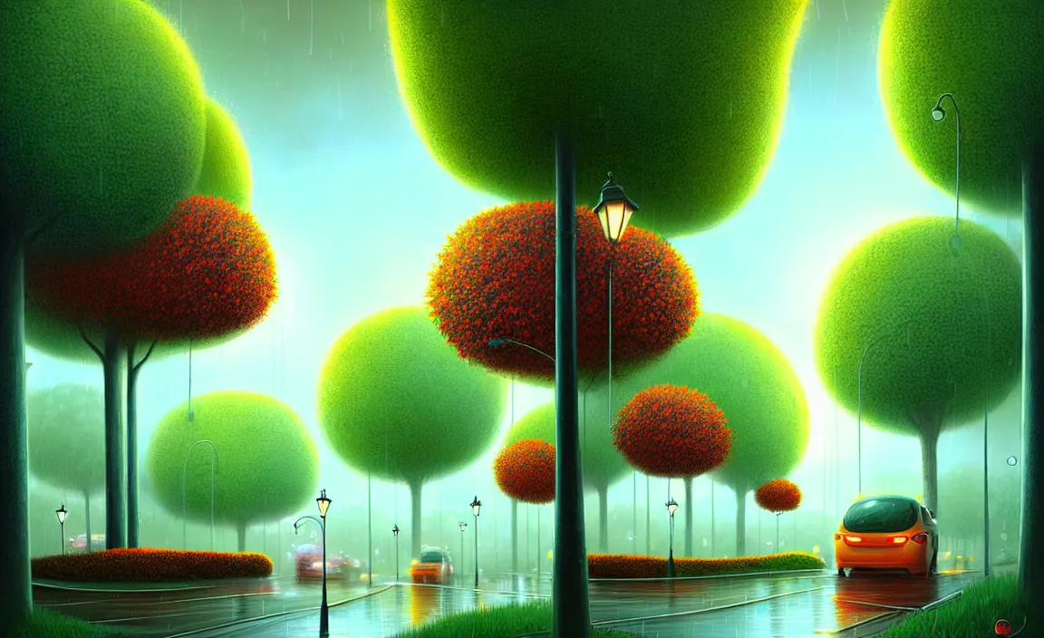 Image similar to Beautiful city of the future, overgrown with trees and plants. Raining at night with light pole illuminate the patch, Nice colour scheme, warm colour. Beautiful artistic digital artwork by artist Lurid. (2022), Gediminas Pranckevicius