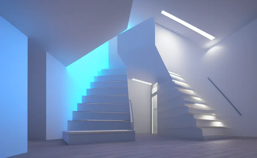 Image similar to stairs with soft blue lights in the roof, octane render, artstation trending, highly detailded