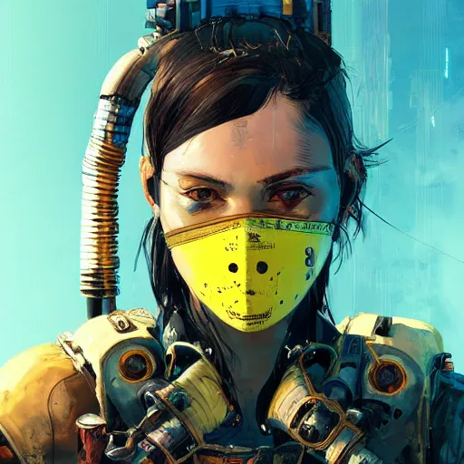 Prompt: highly detailed portrait of a post-cyberpunk young lady by Akihiko Yoshida, Greg Tocchini, 4k resolution, mad max inspired, yellow, black, brown and cyan color scheme