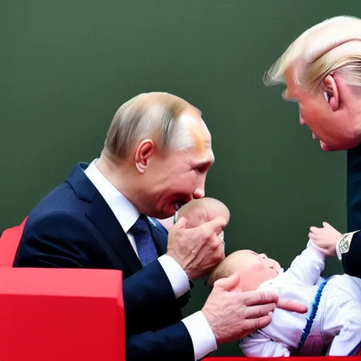 Prompt: Putin giving baby trump a tickle, baby trump in suit with full trump haircut