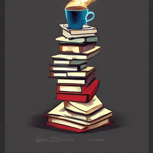 Image similar to Poster of a Cup of coffe on a stack of books, digital art, award winning, trending on artstation, art by artgerm