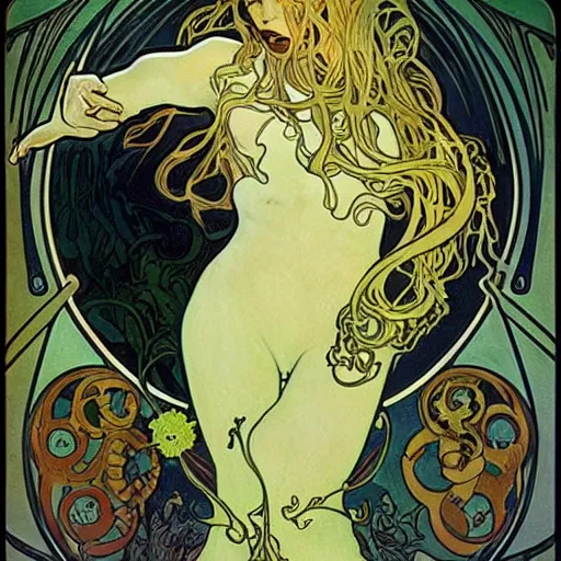 Prompt: lovecraftian protagonist by alphonse mucha