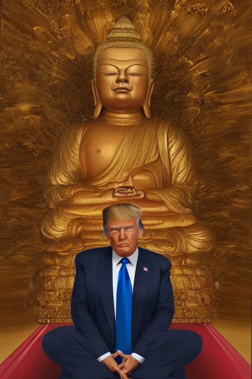 Prompt: Donald Trump meditating in a Buddhist Temple, oil on canvas, intricate, portrait, 8k highly professionally detailed, HDR, CGsociety