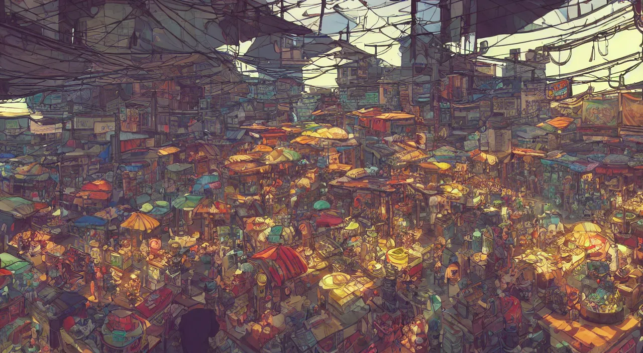 Prompt: a market in metro manila painting stylized digital illustration video game icon global illumination ray tracing that looks like it is from borderlands and by feng zhu and loish and laurie greasley, victo ngai, andreas rocha, john harris