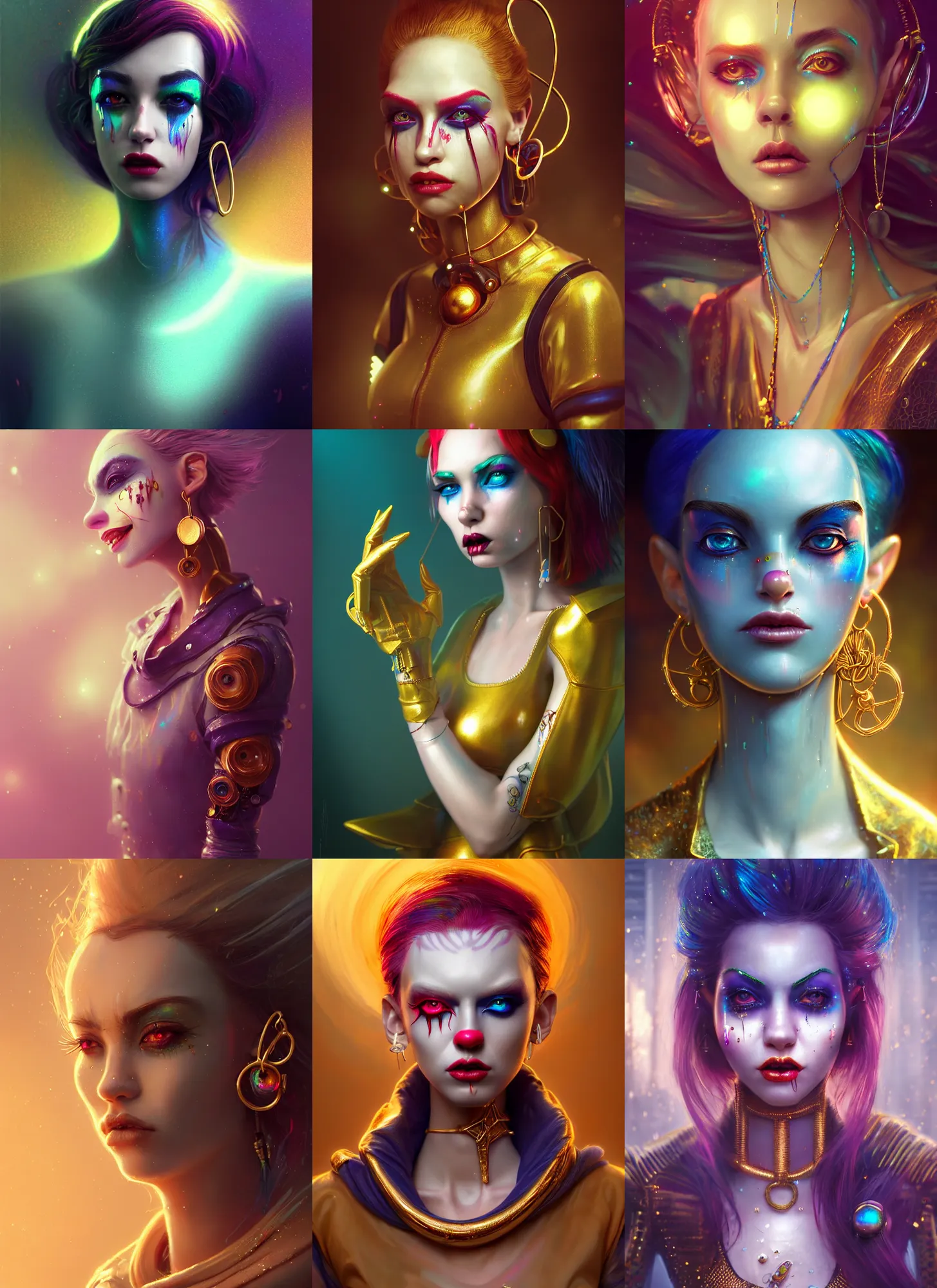 Prompt: disney 8 k photo, stunning shiny sweaty porcelain rich grand iridescent emo edc roped clowncore cyborg college woman, earrings, golden ratio details, sci fi, fantasy, cyberpunk, intricate, decadent, highly detailed, digital painting, octane render, artstation, concept art, smooth, sharp focus, illustration, art by loish, wlop