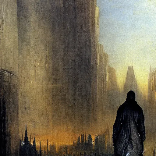 Image similar to cyberpunk city landscape with hooded figure painted by William Turner 1860