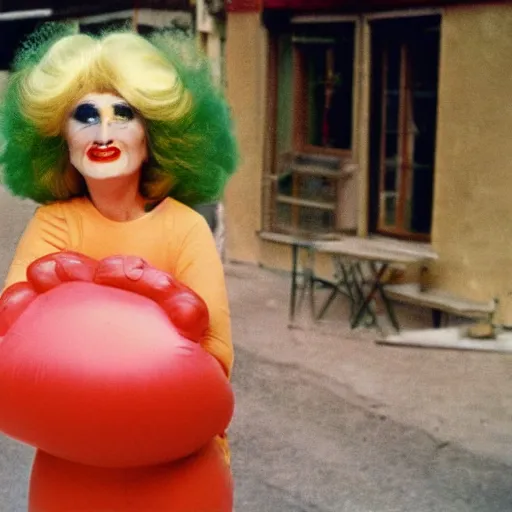 Image similar to 1976 glamorous middle aged woman wearing a transluscent inflatable toy head in a small European village 1976 French film archival footage technicolor film expired film 16mm Fellini Doris Wishman new wave John Waters movie still