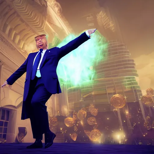 Prompt: Donald Trump flossing fornite dance, fullbody, ultra high detailed, glowing lights, oil painting, unreal 5, DAZ, hyperrealistic, octane render, RPG portrait, dynamic lighting, fantasy art