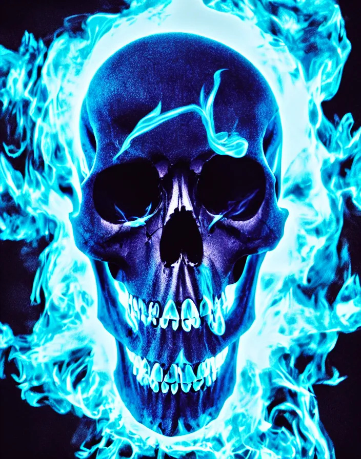 Image similar to photography of a skull with a blue flaming eye in the left orbit