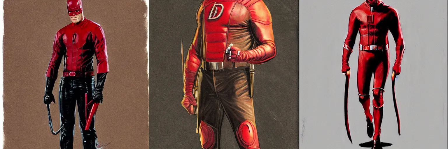 Prompt: daredevil concept art leather suit billy stick painted by jc leyendecker