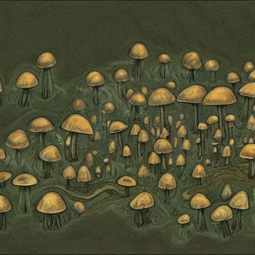 Image similar to drawing of a mushroom city in the middle of the forest, high details, godrays, 4k