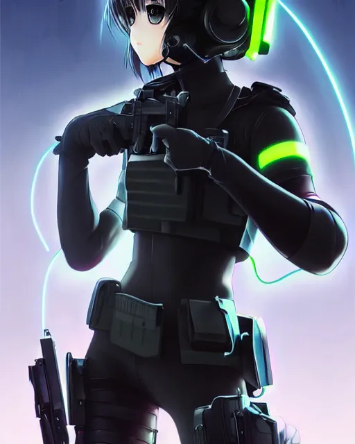 Image similar to 2 b, anime key visual of a young female swat officer, neon, cyberpunk, futuristic, white outfit, black swat vest, swat helmet, holding pdw, stunning, highly detailed, digital painting, smooth, soft focus, illustration, poster, japanese typography, digital art from artstation by artgerm and greg rutkowski and alphonse mucha