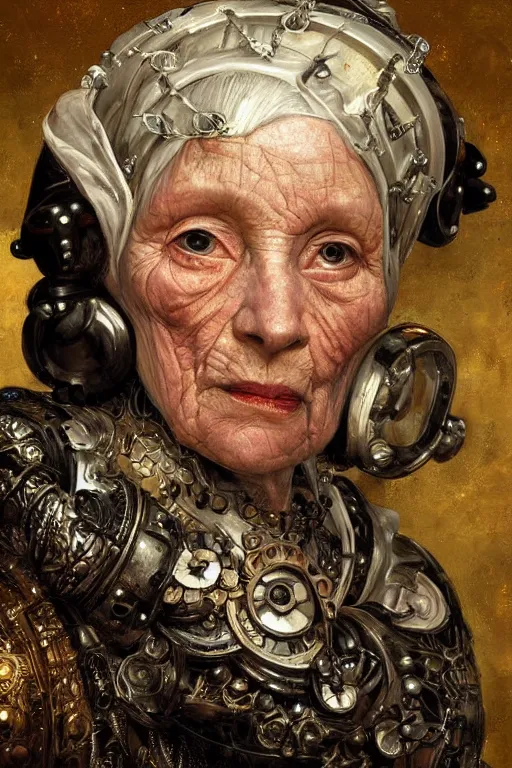 Prompt: portrait, headshot, digital painting, of a old 17th century, old lady cyborg merchant, amber jewels, baroque, ornate clothing, scifi, futuristic, realistic, hyperdetailed, chiaroscuro, concept art, art by waterhouse and klimt