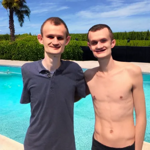 Image similar to vitalik buterin and sam bankman - friedman hanging by the pool
