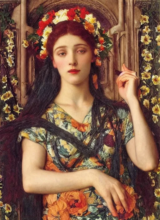 Prompt: masterpiece Queen of flowers by John Collier, John William Godward, Wladislaw Czachorski, Theodoros Ralli,